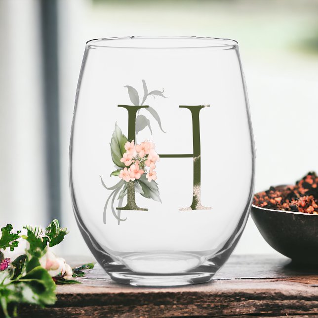 Verre À Vin Sans Pied Monogramme Floral Féminin La Lettre H (Créateur téléchargé)