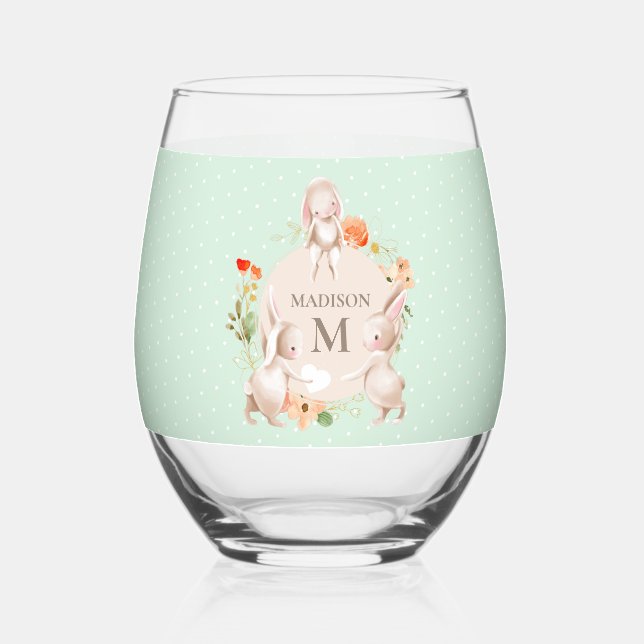 Verre À Vin Sans Pied Monogramme Lapin lapins Floral Pâques Personnalisé (Recto)