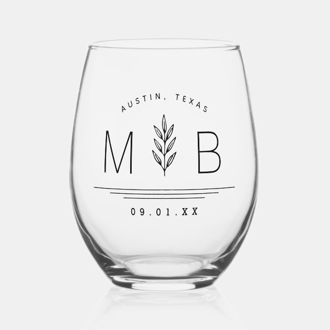 Verre À Vin Sans Pied Monogramme Mariage de tige botanique (Recto)