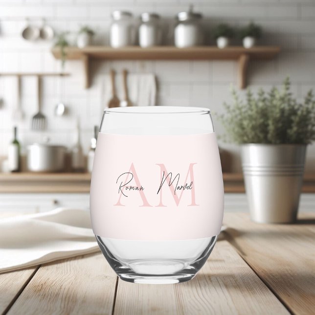 Verre À Vin Sans Pied Monogramme minimal initial et nom Pastel rose (Créateur téléchargé)