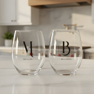 Verre À Vin Sans Pied Monogramme minimaliste Personnalisé Mariage Noms d