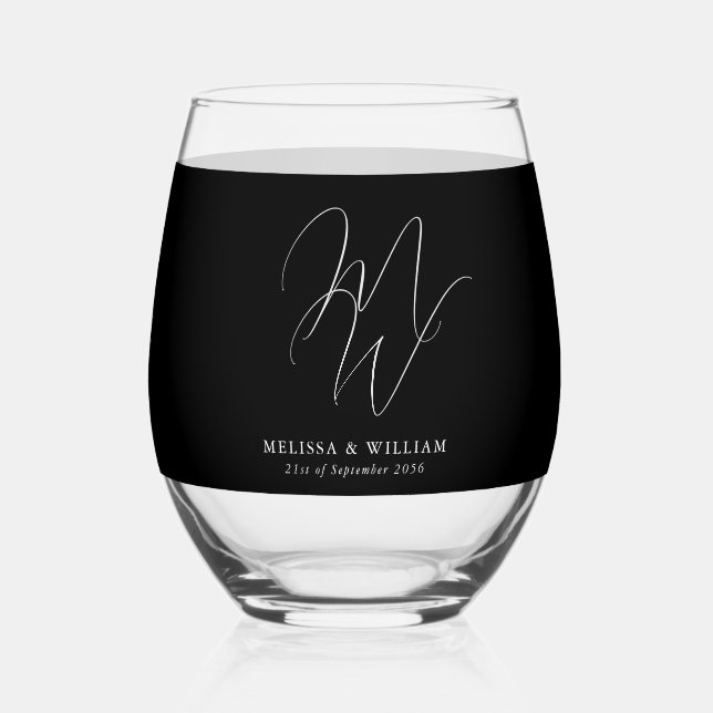Verre À Vin Sans Pied Monogramme moderne Élégant Script noir Mariage bla (Recto)
