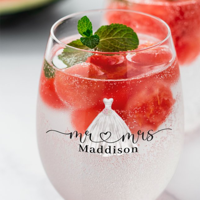 Verre À Vin Sans Pied Monsieur❤️Madame Robe de Mariée Bouquet Rose (Créateur téléchargé)