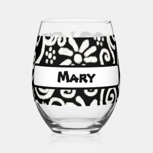 Verre À Vin Sans Pied Motif Floral Blanc Noir