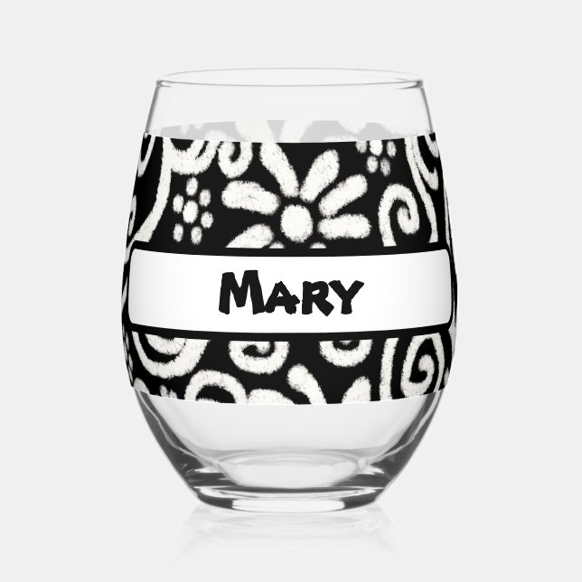 Verre À Vin Sans Pied Motif Floral Blanc Noir (Recto)