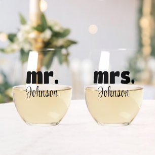 Verre À Vin Sans Pied Mr & Mrs Mariage personnalisé Chic Script