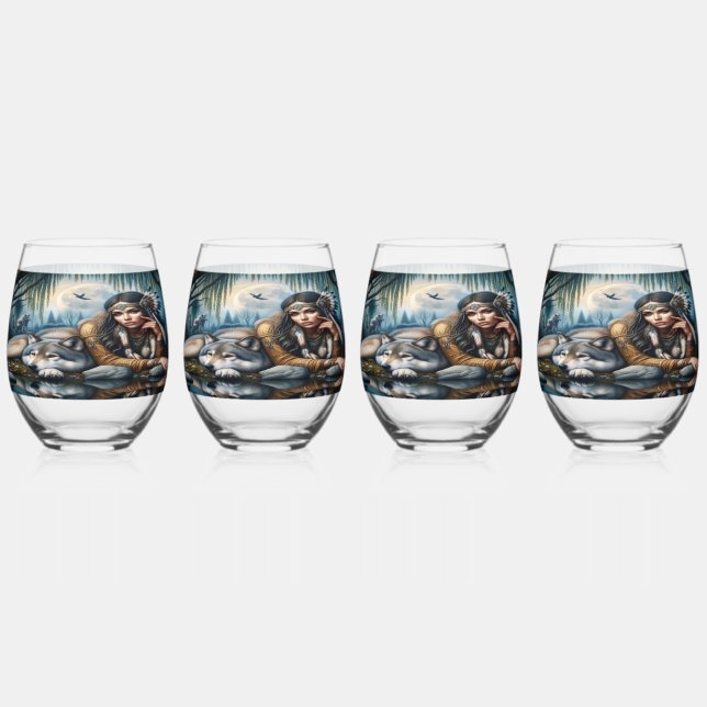 Verre À Vin Sans Pied Mystique Une Américaine Autochtone Avec Des Loups (Recto)