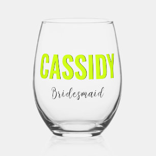 Verre À Vin Sans Pied Neon Lime Jaune 3D Nom Élégant Bridesmaid