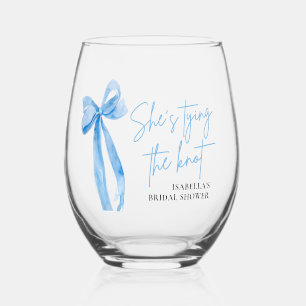 Verre À Vin Sans Pied Nœud Bleu Poussiéreux Elle Attache le Nœud Récepti