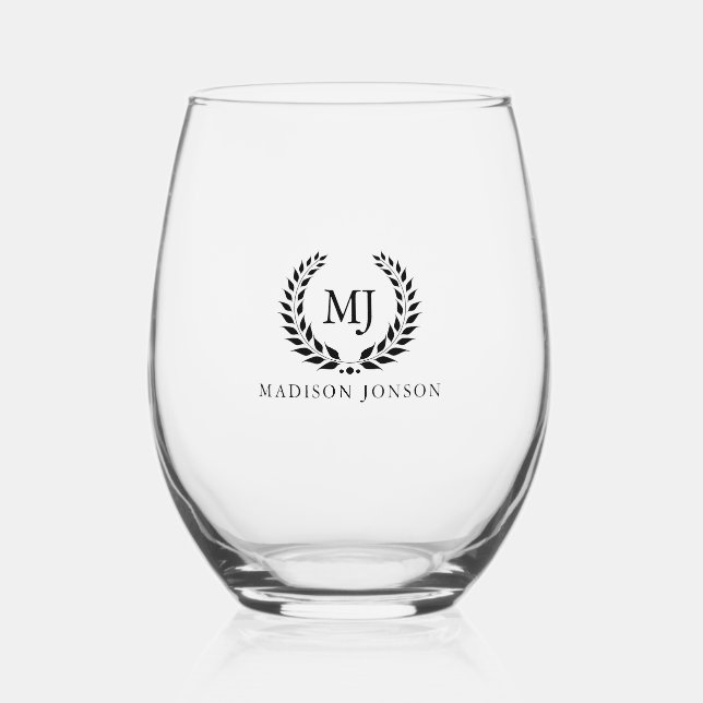 Verre À Vin Sans Pied Noir Laurel Wreath Monogramme Noir Et Nom (Recto)