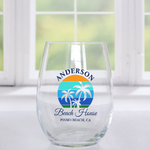 Verre À Vin Sans Pied Nom de famille Beach House Sun Palm Trees