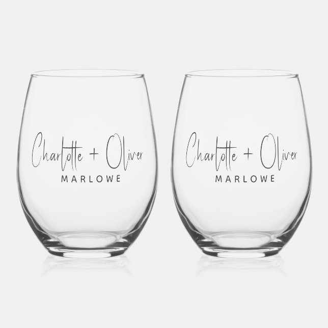Verre À Vin Sans Pied Nom des jeunes mariés modernes Monogramme (Recto)