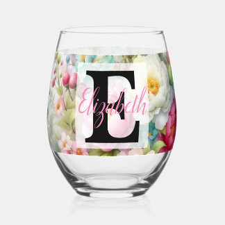 Verre À Vin Sans Pied Nom du monogramme sur l'aquarelle Fleurs en pastel