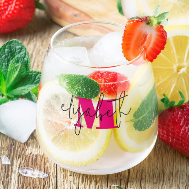 Verre À Vin Sans Pied Nom du script à la main Monogramme (Hand Scripted Name Monogrammed Stemless Wine Glass)