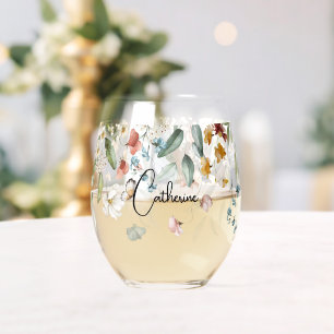 Verre À Vin Sans Pied Nom élégant Fleur florale vintage colorée goutt