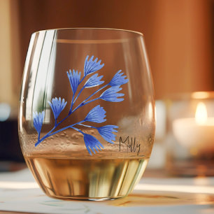 Verre À Vin Sans Pied Nom Élégant Subtil sur Feuille Tropicale de Cobalt