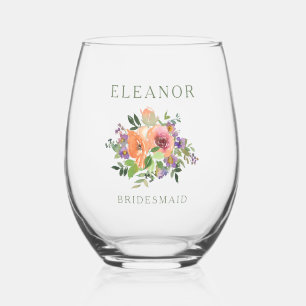 Verre À Vin Sans Pied Nom personnalisé de demoiselle d'honneur aquarelle