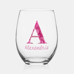 Verre À Vin Sans Pied Nom personnalisé Élégant rose floral Monogramme "A