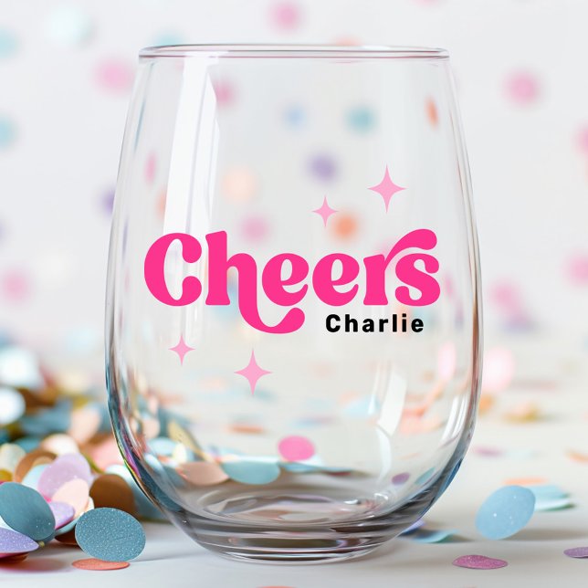 Verre À Vin Sans Pied Nom personnalisé rose rétro stars (Cheers custom name pink retro stars stemless wine glass)