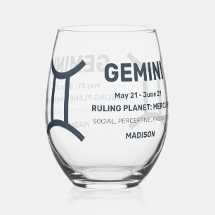 Verre À Vin Sans Pied Nom personnalisé / Texte Zodiac Signal Gemini