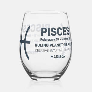 Verre À Vin Sans Pied Nom personnalisé / Texte Zodiac Signes Poissons