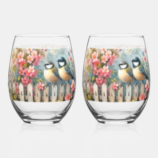 Verre À Vin Sans Pied Oiseaux de printemps et fleurs