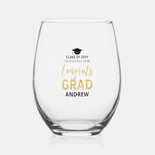 Verre À Vin Sans Pied Or et noir   Cadeau de graduation moderne Nom pers