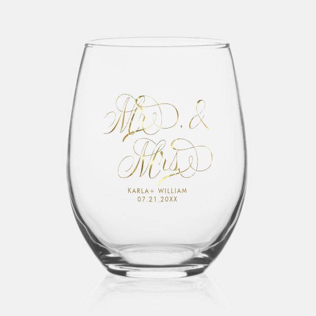 Verre À Vin Sans Pied Or M. et Mme Elegant Script Typographie 2 (Recto)