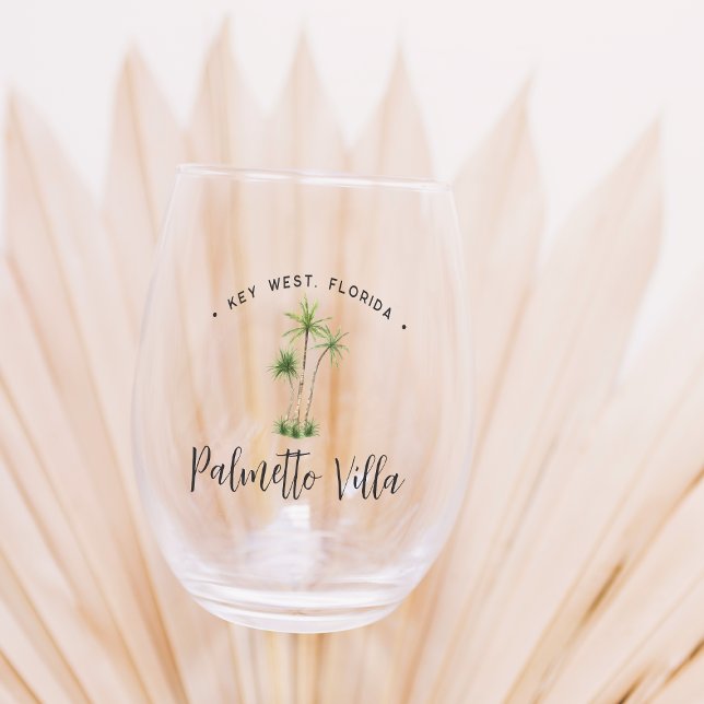 Verre À Vin Sans Pied Palmier Tropical Nom de la maison de plage personn (Créateur téléchargé)