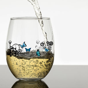 Verre À Vin Sans Pied Papillons bleus tribaux Steampunk engrenage tourbi