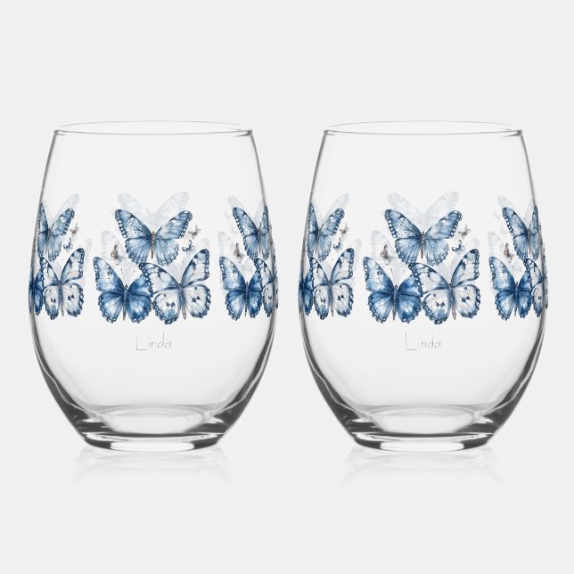 Verre À Vin Sans Pied Papillons dans Delft Blue, personnalisable (Recto)