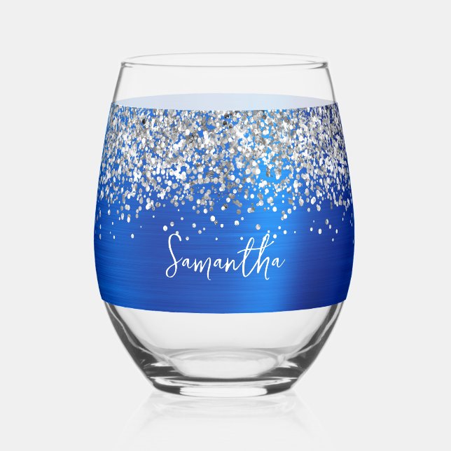 Verre À Vin Sans Pied Parties scintillant d'argent Royal Blue Glam Nom (Recto)