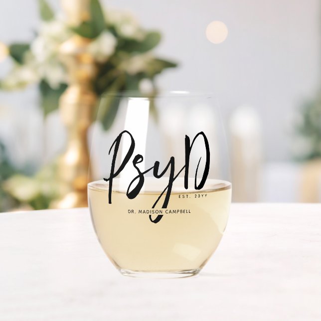 Verre À Vin Sans Pied Personnalisé Elegant PsyD Docteur en Psychologie (Insitu (Mariage))