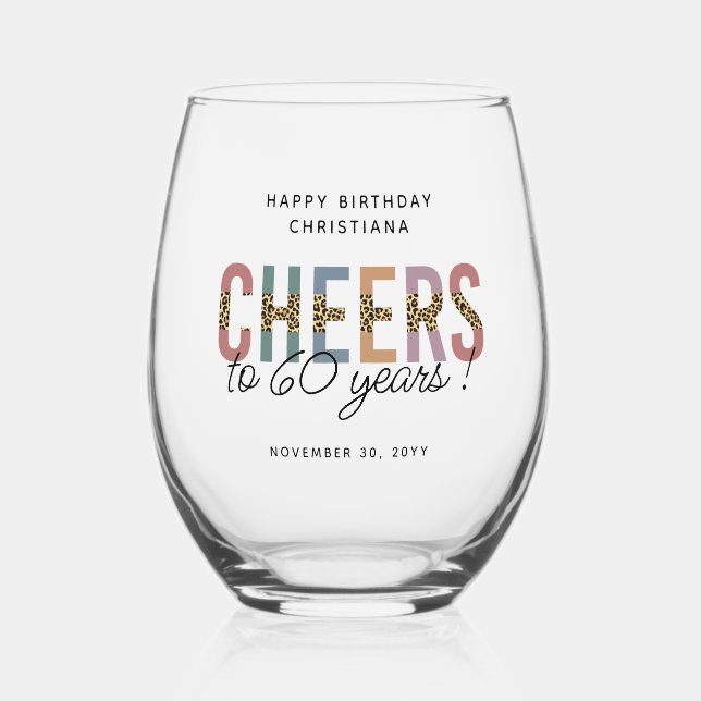 Verre À Vin Sans Pied Personnalisé Moderne 60e Anniversaire Leopard Typo (Recto)