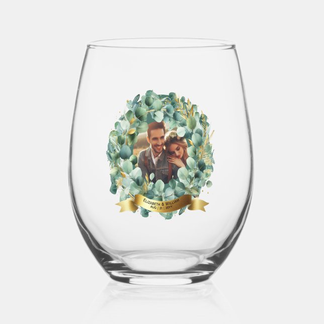Verre À Vin Sans Pied PHOTO Mariage Newlyweds Eucalyptus Feuille Cadeau (Recto)