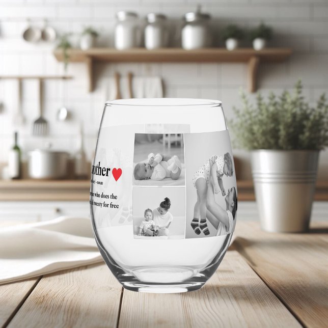Verre À Vin Sans Pied Photo & Texte Moderne Coeur Rouge Mère Cadeau (Créateur téléchargé)