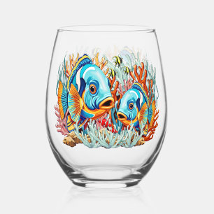 Verre À Vin Sans Pied Poissons Tropicaux Couleurs Vives Vibes d'Été