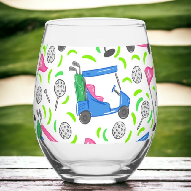 Verre À Vin Sans Pied Preppy Golf Pink Blue Golf Cart Motif (Créateur téléchargé)
