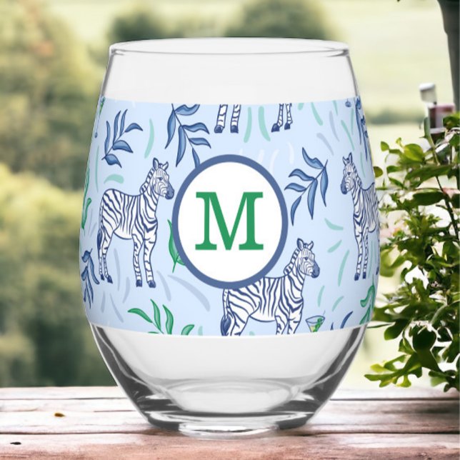 Verre À Vin Sans Pied Preppy Navy Zebra Martinis Blue Monogram (Créateur téléchargé)