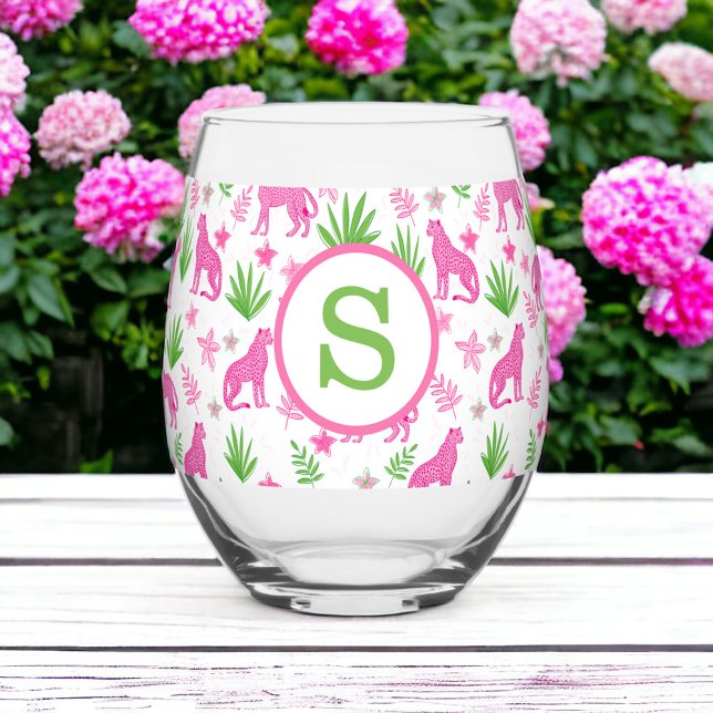 Verre À Vin Sans Pied Preppy Pink Cheetah Monogramme (Créateur téléchargé)