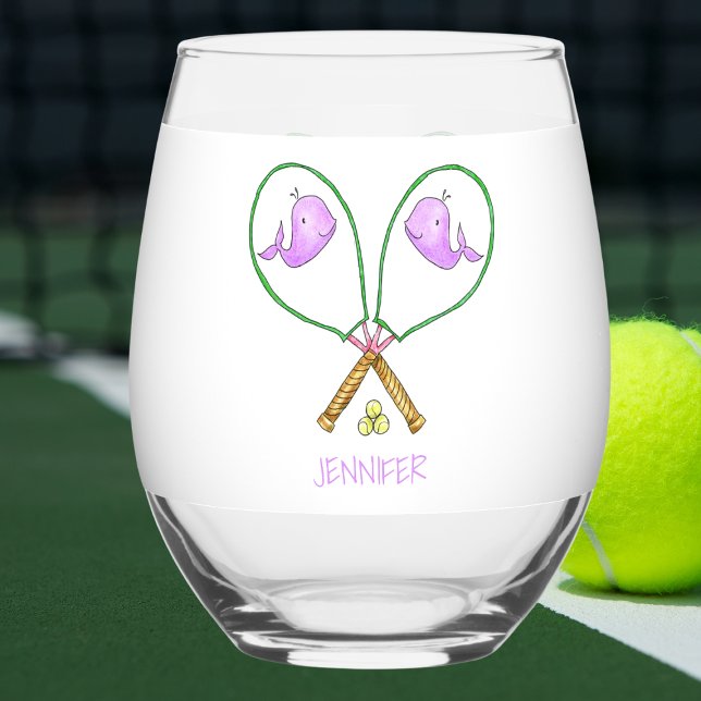 Verre À Vin Sans Pied Raquettes de tennis rose personnalisées avec couve (Créateur téléchargé)