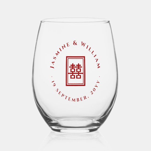 Verre À Vin Sans Pied Rectangle classique Double Bonheur Mariage chinois (Recto)