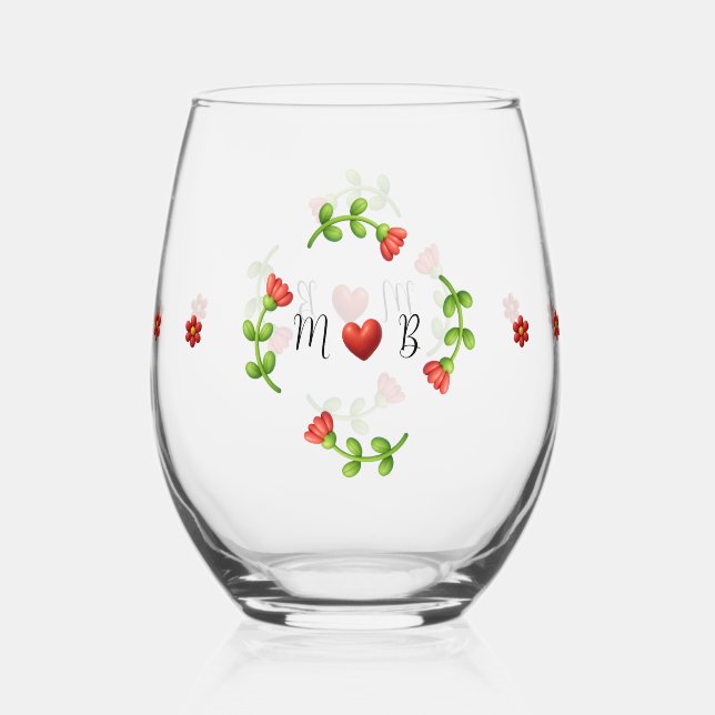 Verre À Vin Sans Pied Red Flower Heart Monogram Stemless Glass (Recto)