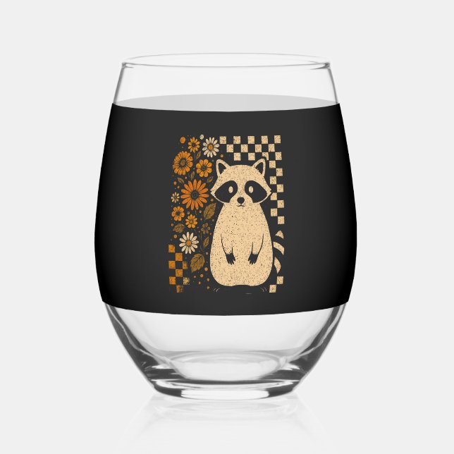 Verre À Vin Sans Pied Retro Checkered Halloween Raccoon (Recto)