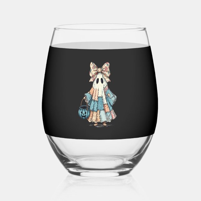 Verre À Vin Sans Pied Retro Halloween Blue Denim Ghost (Recto)