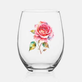 Verre À Vin Sans Pied Rose aquarelle. Rose avec tige