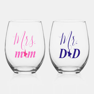 Verre À Vin Sans Pied Rose et Bleu Personnalisé M. Papa et Mme Maman