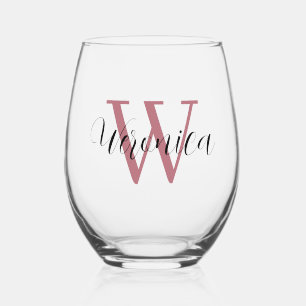 Verre À Vin Sans Pied Rose Gold Initial et Black Name   Élégant
