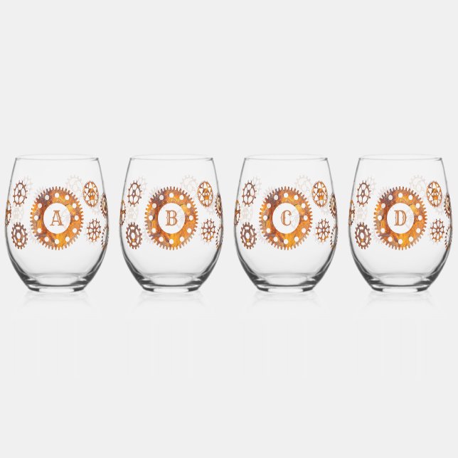 Verre À Vin Sans Pied Rousty Gears Steampunk Custom Initial (Gauche)