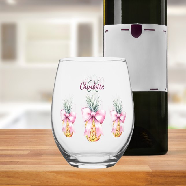 Verre À Vin Sans Pied Rubans roses ananas été tropical monogramme (Créateur téléchargé)